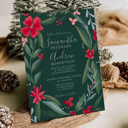 Rode groene flora met kruid winterbruiloft kaart