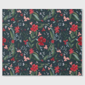 Rode groene flora met kruiperspatroon kerstwinter cadeaupapier (Vlak)