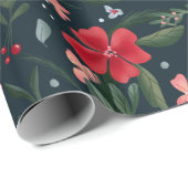 Rode groene flora met kruiperspatroon kerstwinter cadeaupapier (Rol Hoek)