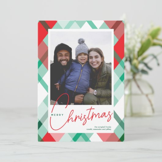 Rode groene geplakte kerstfotokaart feestdagenkaart (Staand voorkant)