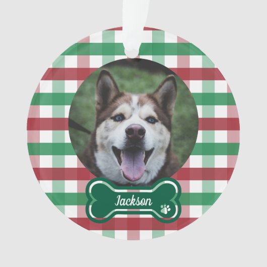 Rode groene geruite bot-tag-hondsfoto ornament (voorkant)