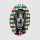 Rode groene geruite bot-tag-hondsfoto ornament (voorkant)