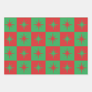 Rode groene geruite retro Kerst  sterverbursten   Inpakpapier Vel