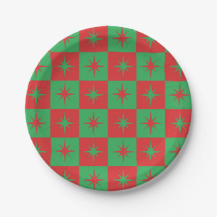 Rode groene geruite retro Kerst  sterverbursten   Papieren Bordje