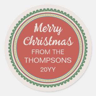 Rode groene geschulpte rand vrolijk kerstfeest ronde sticker