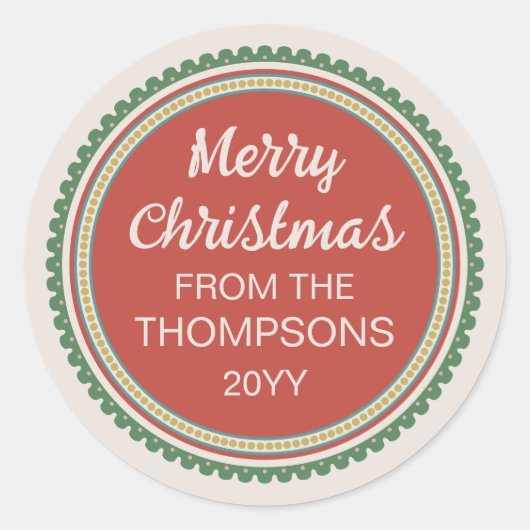 Rode groene geschulpte rand vrolijk kerstfeest ronde sticker (Voorkant)