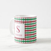 Rode & Groene Gingham Plaid Monogramnaam Koffiemok (Voorkant links)