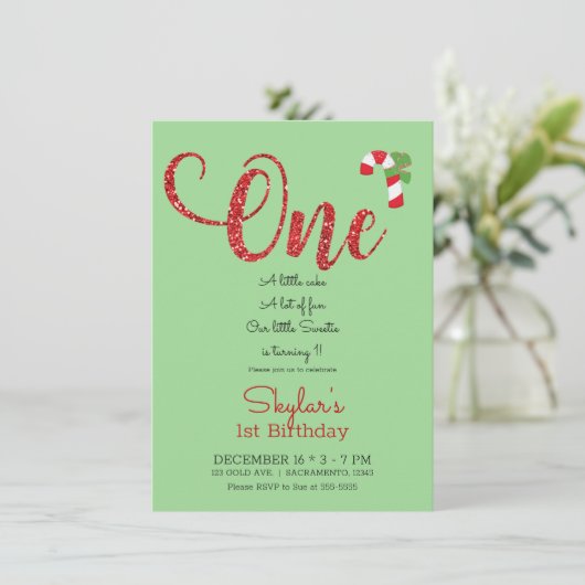 Rode & Groene Glitter Kerstvakantie 1e Verjaardag Kaart (Staand voorkant)