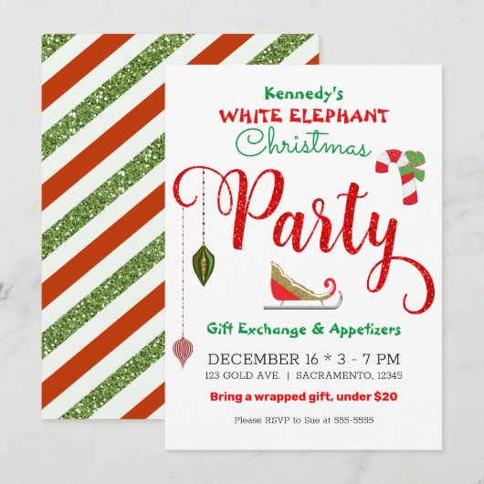 Rode Groene Glitter Witte Olifant Kerstfeest Kaart (Voorkant / Achterkant)