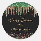 Rode groene glitters druppelende Kerst zwart glans Ronde Sticker (Voorkant)