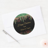 Rode groene glitters druppelende Kerstmis zwarte g Ronde Sticker (Envelop)