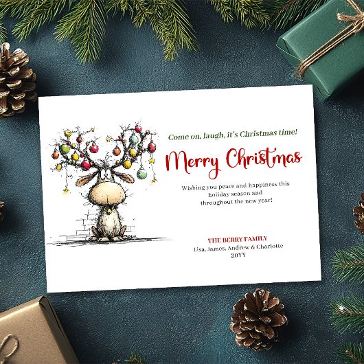 Rode Groene Grappige Rendier Kerst Groet Feestdagenkaart