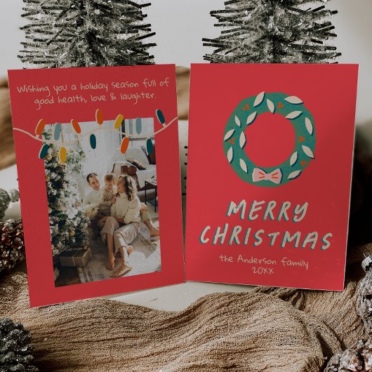 Rode Groene Hand Getrokken Krans Kerstmis Feestdagenkaart