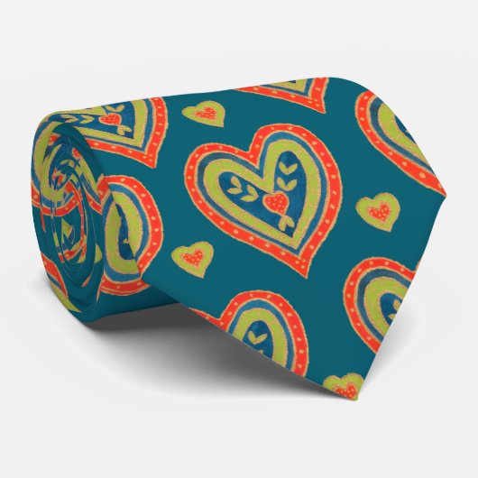 Rode, groene harten op donker Blauwgroen Stropdas (Opgerold)