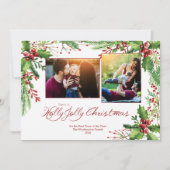 Rode Groene Holly Waterverf Twee 2 Foto Kerstmis Feestdagenkaart (Voorkant)
