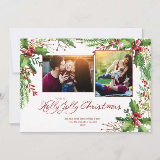 Rode Groene Holly Waterverf Twee 2 Foto Kerstmis Feestdagenkaart (Voorkant)
