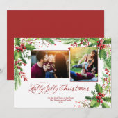 Rode Groene Holly Waterverf Twee 2 Foto Kerstmis Feestdagenkaart (Voorkant / Achterkant)