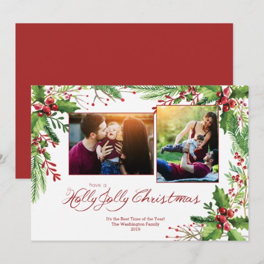 Rode Groene Holly Waterverf Twee 2 Foto Kerstmis Feestdagenkaart (Voorkant / Achterkant)