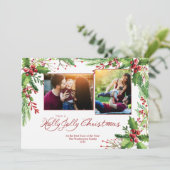 Rode Groene Holly Waterverf Twee 2 Foto Kerstmis Feestdagenkaart (Staand voorkant)