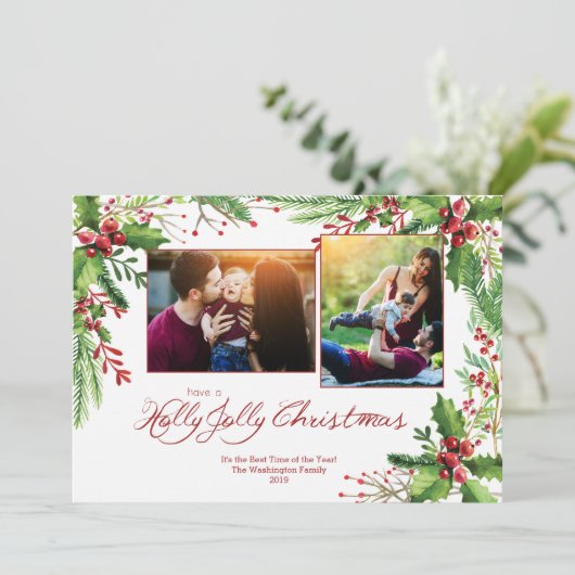 Rode Groene Holly Waterverf Twee 2 Foto Kerstmis Feestdagenkaart (Staand voorkant)