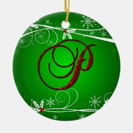 Rode groene hulst beginletter P kerstornament Keramisch Ornament (Voorkant)