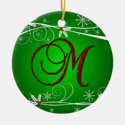 Rode groene hulst eerste kerst M ornament (Voorkant)