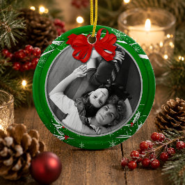 Rode groene hulst lint 1e kerstfoto | keramisch ornament