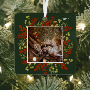 Rode & Groene Kerst Bloemen Lijst Foto Metaal Metalen Ornament