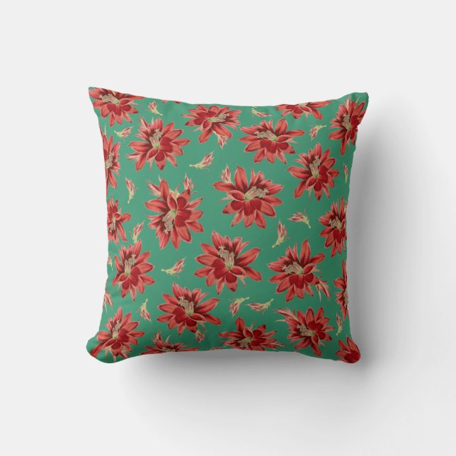 Rode Groene Kerst Cactus Bloemen Bloemmotief Kussen (Voorkant)