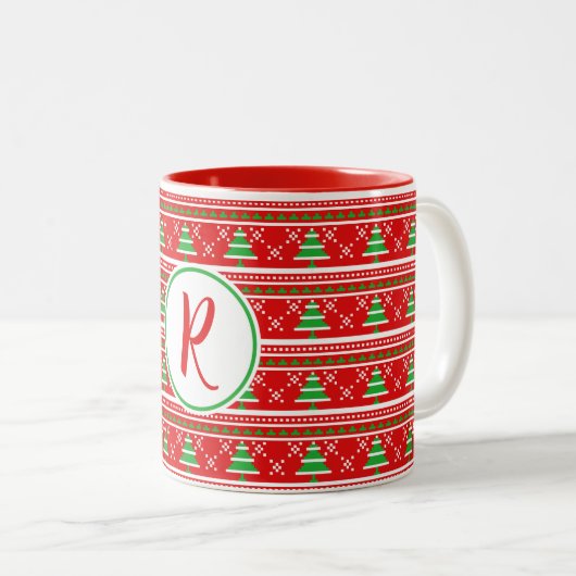 Rode Groene Kerstbomen Monogram Tweekleurige Koffiemok (Voorkant rechts)