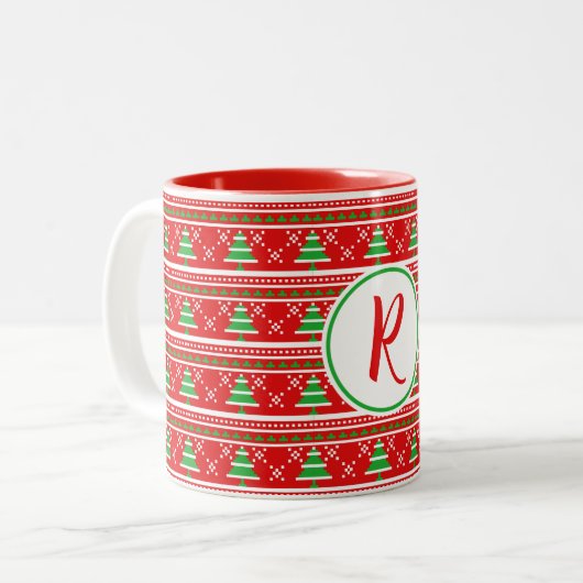 Rode Groene Kerstbomen Monogram Tweekleurige Koffiemok (Voorkant links)