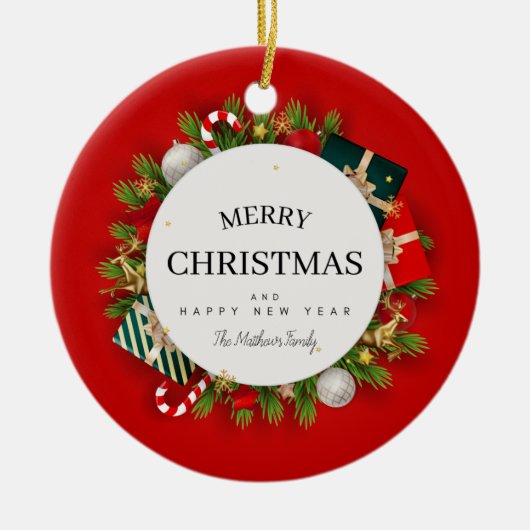 Rode groene kerstcadeaus keramisch ornament (Voorkant)