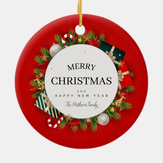 Rode groene kerstcadeaus keramisch ornament (Achterkant)