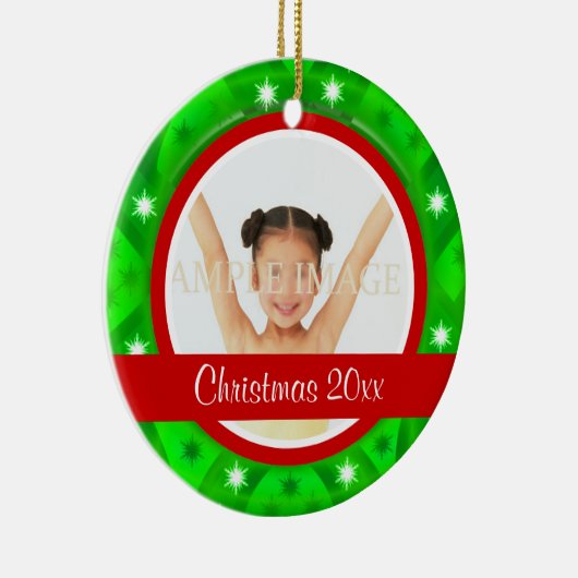 Rode groene kerstfoto personaliseren keramisch ornament (Rechts)