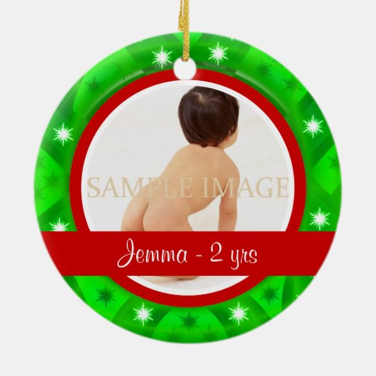 Rode groene kerstfoto personaliseren keramisch ornament (Achterkant)