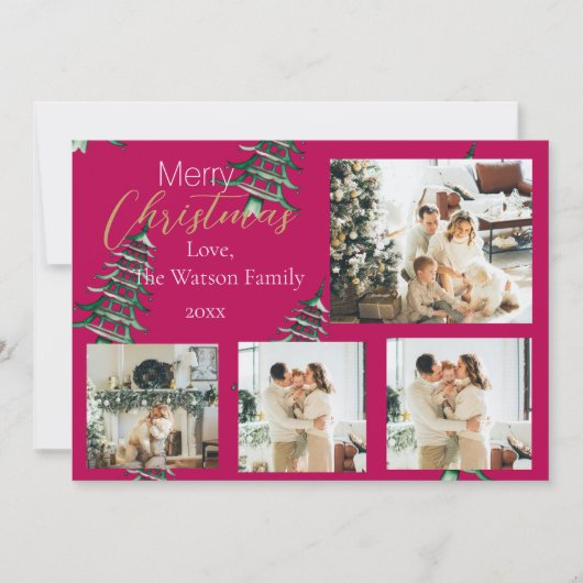 Rode groene kerstpagode bomen 5-foto feestdagenkaart (Voorkant)