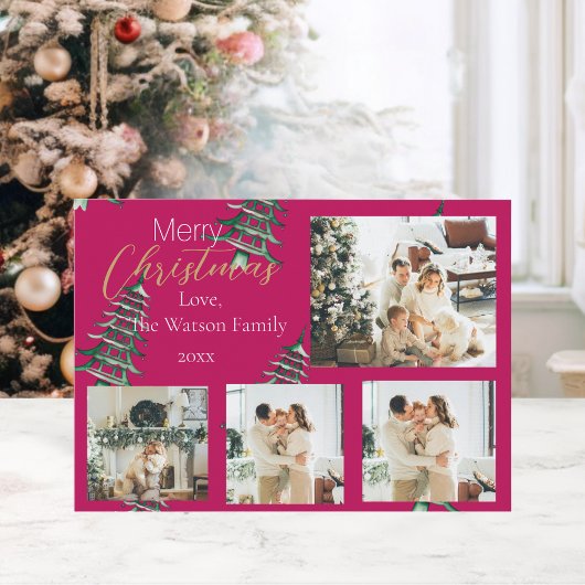 Rode groene kerstpagode bomen 5-foto feestdagenkaart