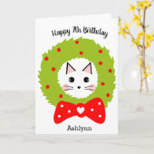 Rode Groene Krans Bow Kat Kerstmis Verjaardag Kaart (Gele Bloem)