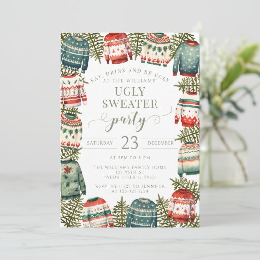 Rode groene lelijke trui Kerstfeest uitnodiging (Staand voorkant)