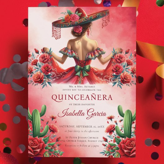 Rode Groene Mexicaanse Stijl Quinceañera Kaart
