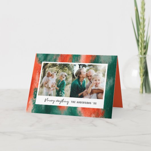 Rode + groene moderne, abstracte geschilderde foto feestdagen kaart (Voorkant)