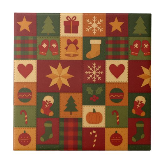 Rode groene Patchwork Quilt Rustieke Boerderij Blo Tegeltje (Voorkant)