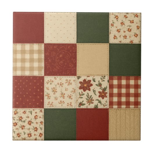 Rode groene Patchwork Quilt Rustieke Boerderij Blo Tegeltje (Voorkant)