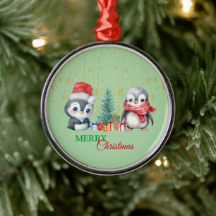 Rode Groene Pinguïn Santa Vrolijk Kerstfeest Metalen Ornament