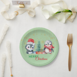 Rode Groene Pinguïn Santa Vrolijk Kerstfeest Papieren Bordje