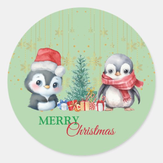 Rode Groene Pinguïn Santa Vrolijk Kerstfeest Ronde Sticker (Voorkant)