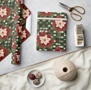 Rode groene poinsettia geruite patroon cadeau cadeaupapier