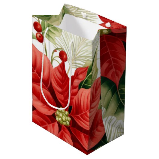 Rode Groene Poinsettia Holly Berry Kerstvakantie Medium Cadeauzakje (Voorkant Gekanteld)