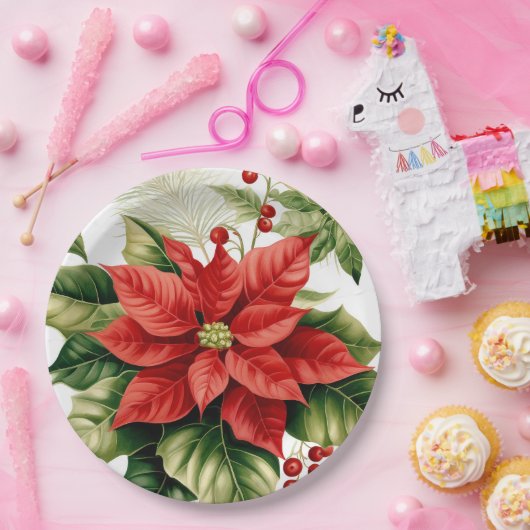 Rode Groene Poinsettia Holly Berry Kerstvakantie Papieren Bordje (Feest)