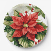 Rode Groene Poinsettia Holly Berry Kerstvakantie Papieren Bordje (Voorkant)